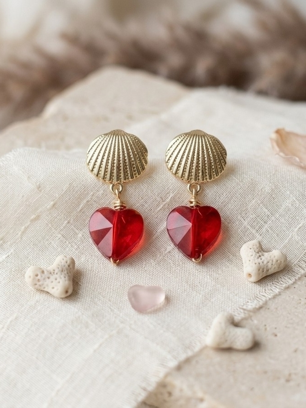 Gold Shell Drop Earrings with Red Heart Crystal